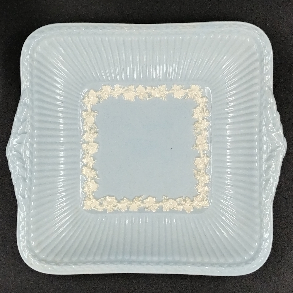 Wedgwood Queensware Square Cake Plate. Light Blue w Cream Embossed. 9" x 9.5"
